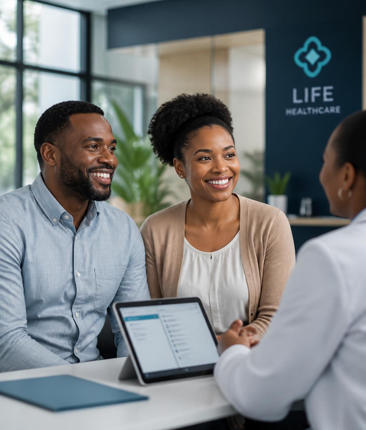 Couple accompagné par une professionnelle de santé lors d’une consultation de fertilité