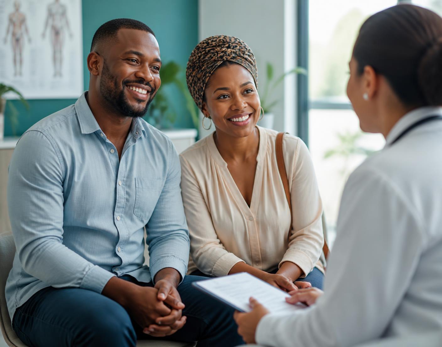 Couple africain accueilli par une professionnelle de santé dans un cabinet médical moderne